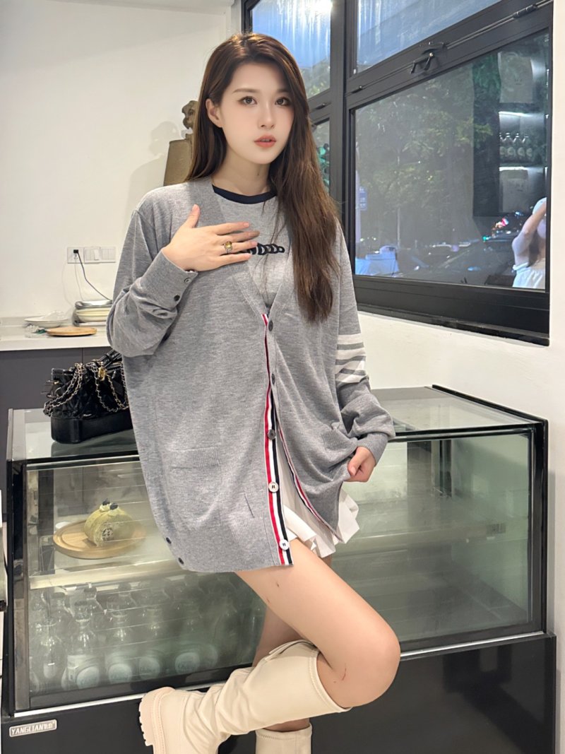 Grey Knit Cardigan with Stripe Detail and Contrast Collar view