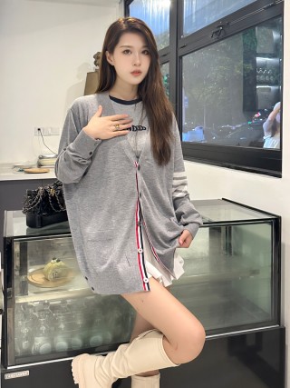 Grey Knit Cardigan with Stripe Detail and Contrast Collar view 2