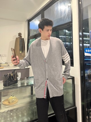 Grey Knit Cardigan with Stripe Detail and Contrast Collar view 5