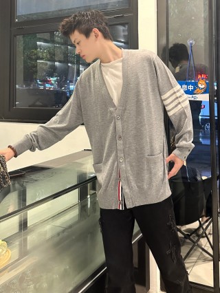 Grey Knit Cardigan with Stripe Detail and Contrast Collar view 6