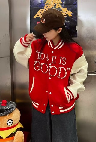 Red & Cream Varsity Bomber Jacket with Rhinestone Logo