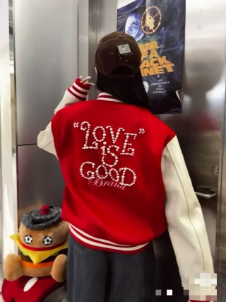 Red & Cream Varsity Bomber Jacket with Rhinestone Logo view 2