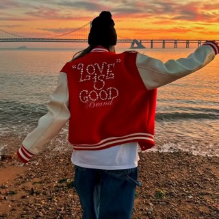 Red & Cream Varsity Bomber Jacket with Rhinestone Logo view 3