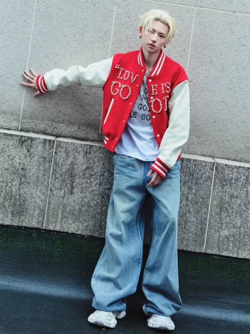 Red & Cream Varsity Bomber Jacket with Rhinestone Logo view