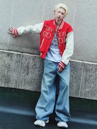 Red & Cream Varsity Bomber Jacket with Rhinestone Logo view 4