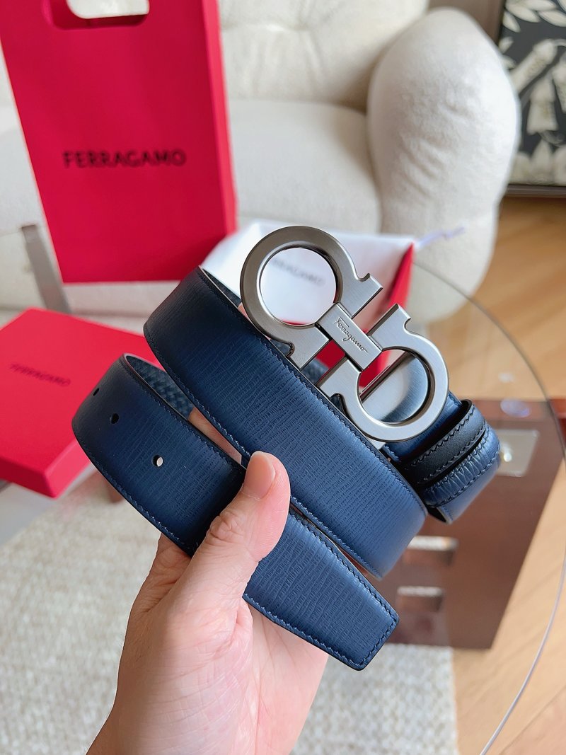 Ferragamo Navy Textured Leather Belt with Gancini Buckle