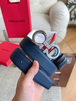 Ferragamo Navy Textured Leather Belt with Gancini Buckle