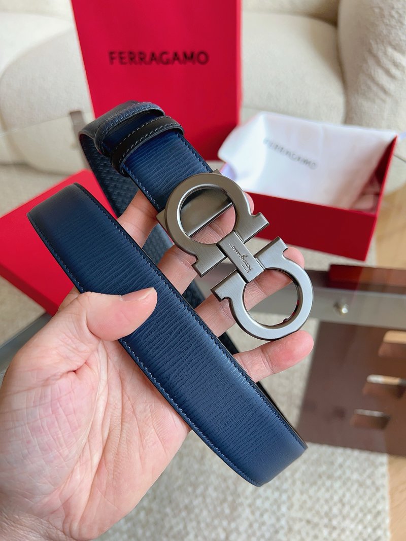 Ferragamo Navy Textured Leather Belt with Gancini Buckle view