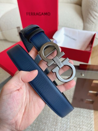 Ferragamo Navy Textured Leather Belt with Gancini Buckle view 2