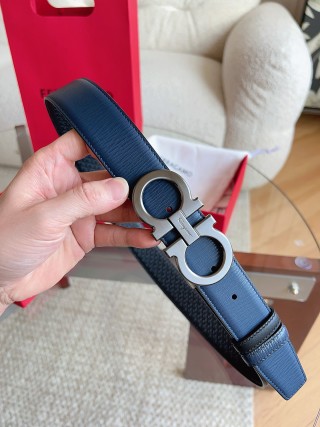 Ferragamo Navy Textured Leather Belt with Gancini Buckle view 3