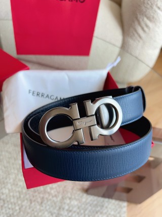 Ferragamo Navy Textured Leather Belt with Gancini Buckle view 4