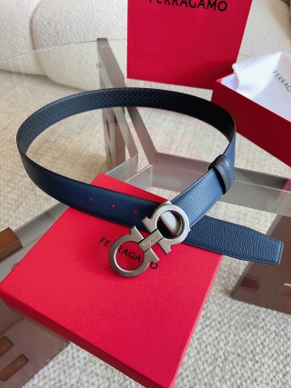 Ferragamo Navy Textured Leather Belt with Gancini Buckle view 5