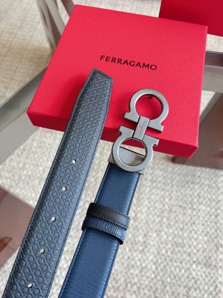 Ferragamo Navy Textured Leather Belt with Gancini Buckle view 6