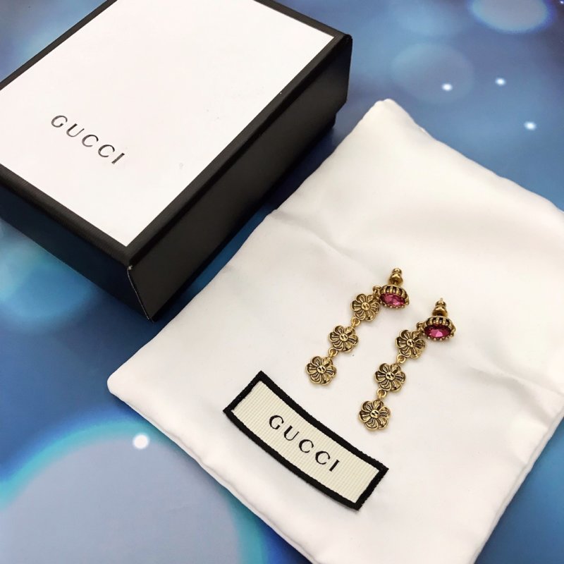 Gucci GG Floral Drop Earrings with Pink Stone