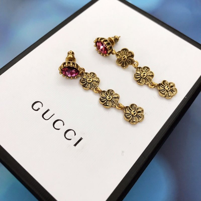 Gucci GG Floral Drop Earrings with Pink Stone view