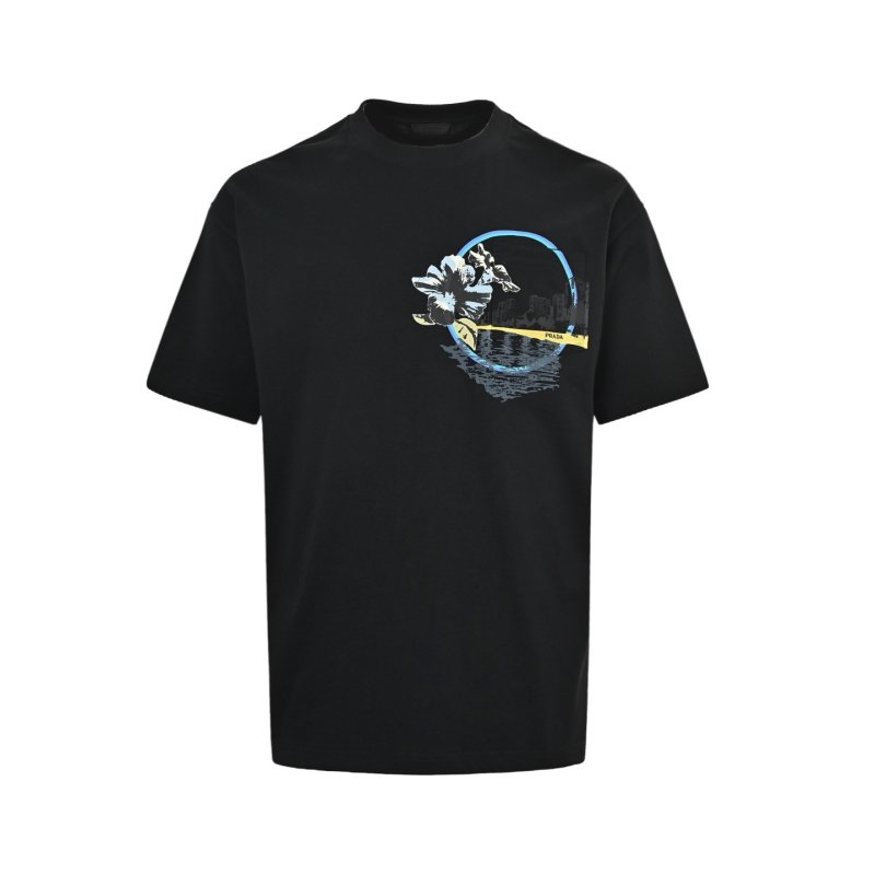 Black Graphic Print Short Sleeve T-Shirt with Floral Circle Design view
