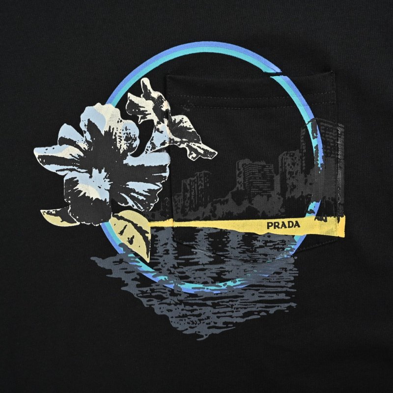 Black Graphic Print Short Sleeve T-Shirt with Floral Circle Design view