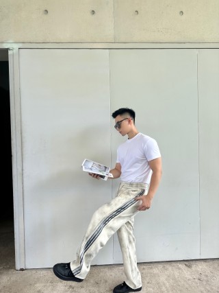 Essentials Cream Track Pants with Navy Stripe