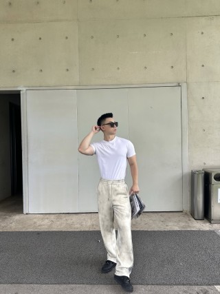 Essentials Cream Track Pants with Navy Stripe view 4