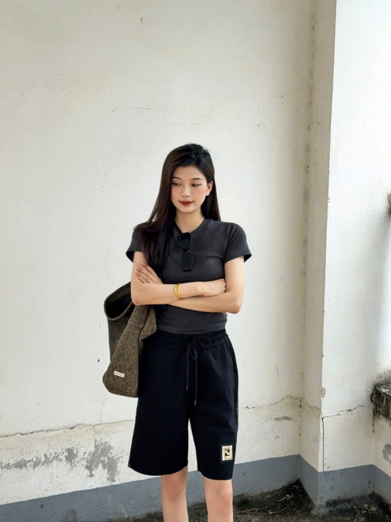 Fendi Black Mesh Panel Shorts with Gold Logo view