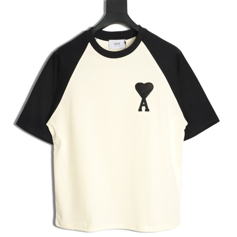 Ami Paris Color-Block Heart Embroidered T-Shirt Cream Black