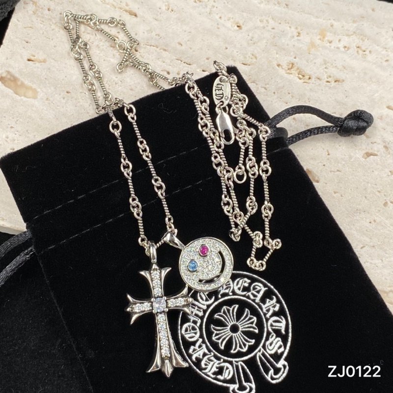 Chrome Hearts Smile Cross Pendant Silver Necklace 55cm