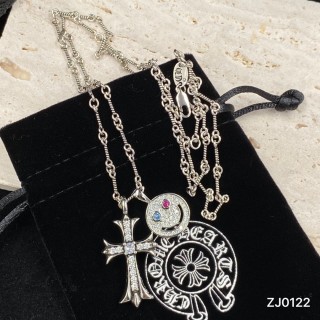 Chrome Hearts Smile Cross Pendant Silver Necklace 55cm
