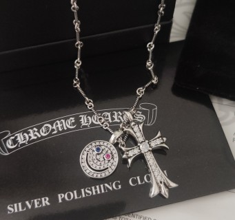 Chrome Hearts Smile Cross Pendant Silver Necklace 55cm view 2