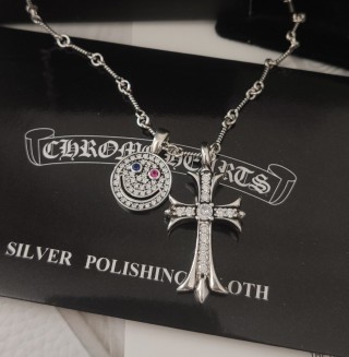 Chrome Hearts Smile Cross Pendant Silver Necklace 55cm view 4