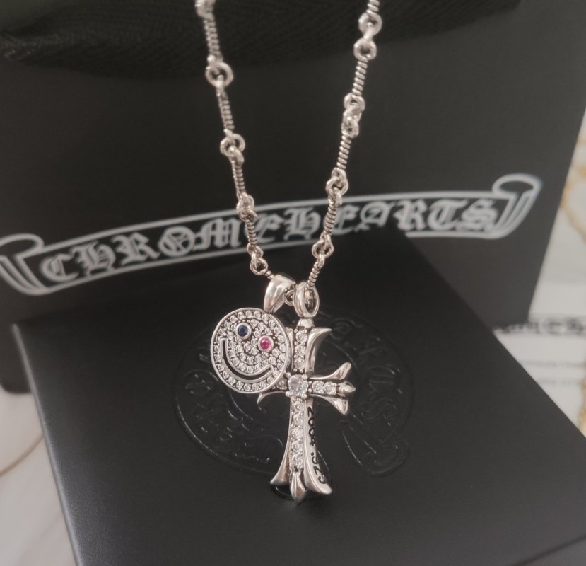 Chrome Hearts Smile Cross Pendant Silver Necklace 55cm view