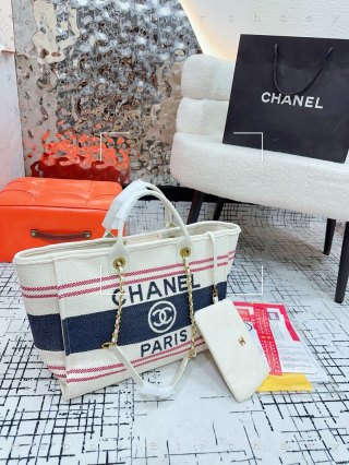 Chanel Denim Canvas Beach Tote Bag Cream Navy Red