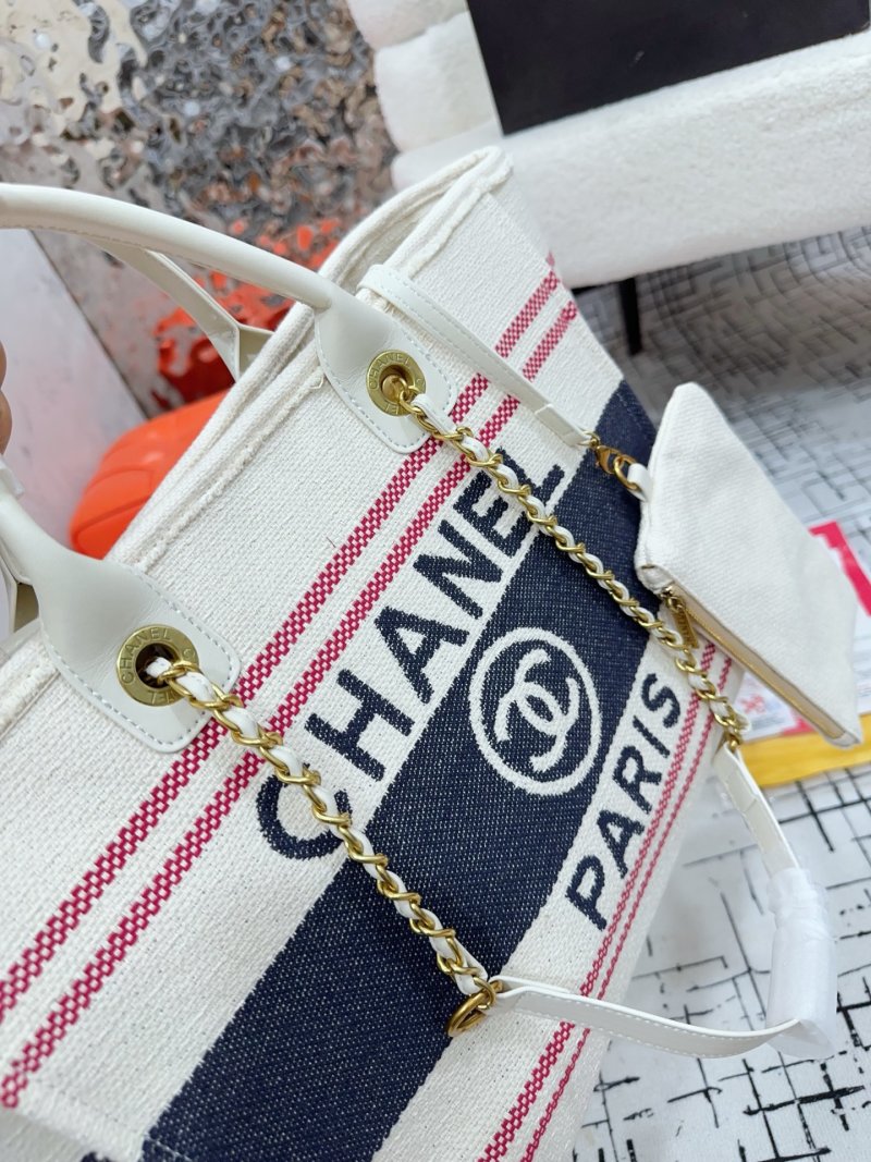 Chanel Denim Canvas Beach Tote Bag Cream Navy Red view