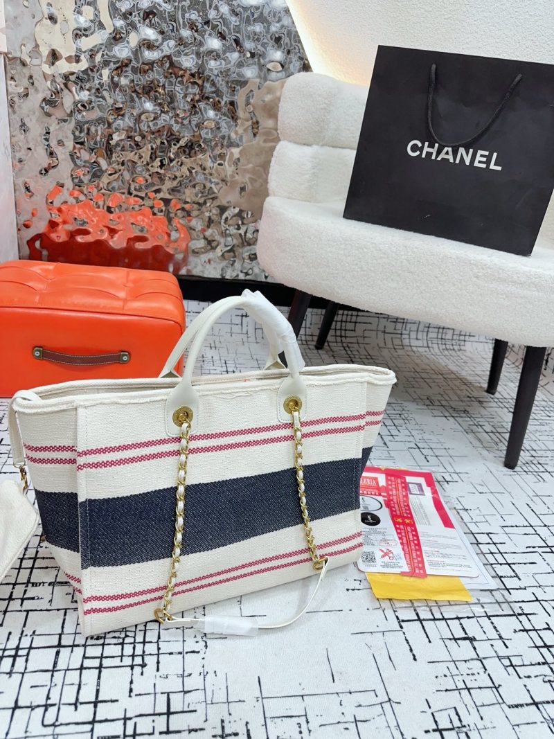 Chanel Denim Canvas Beach Tote Bag Cream Navy Red view