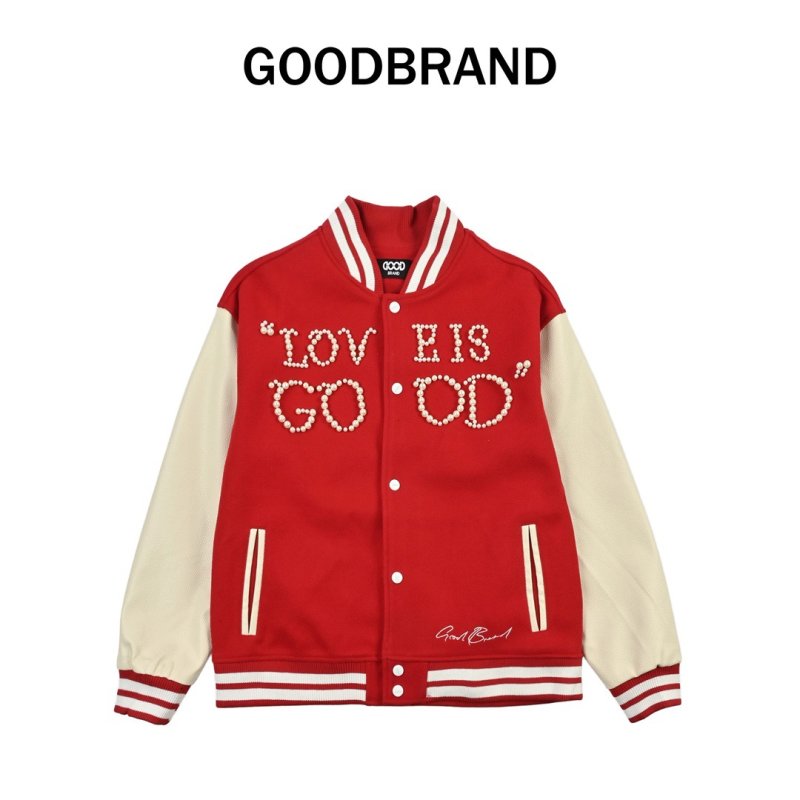 Red & Cream Varsity Bomber Jacket with Rhinestone Logo view