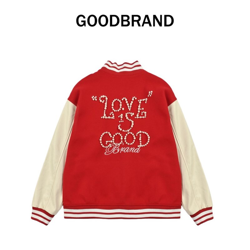 Red & Cream Varsity Bomber Jacket with Rhinestone Logo view