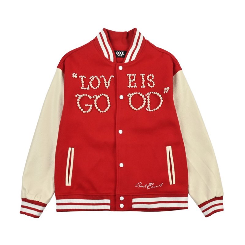 Red & Cream Varsity Bomber Jacket with Rhinestone Logo view