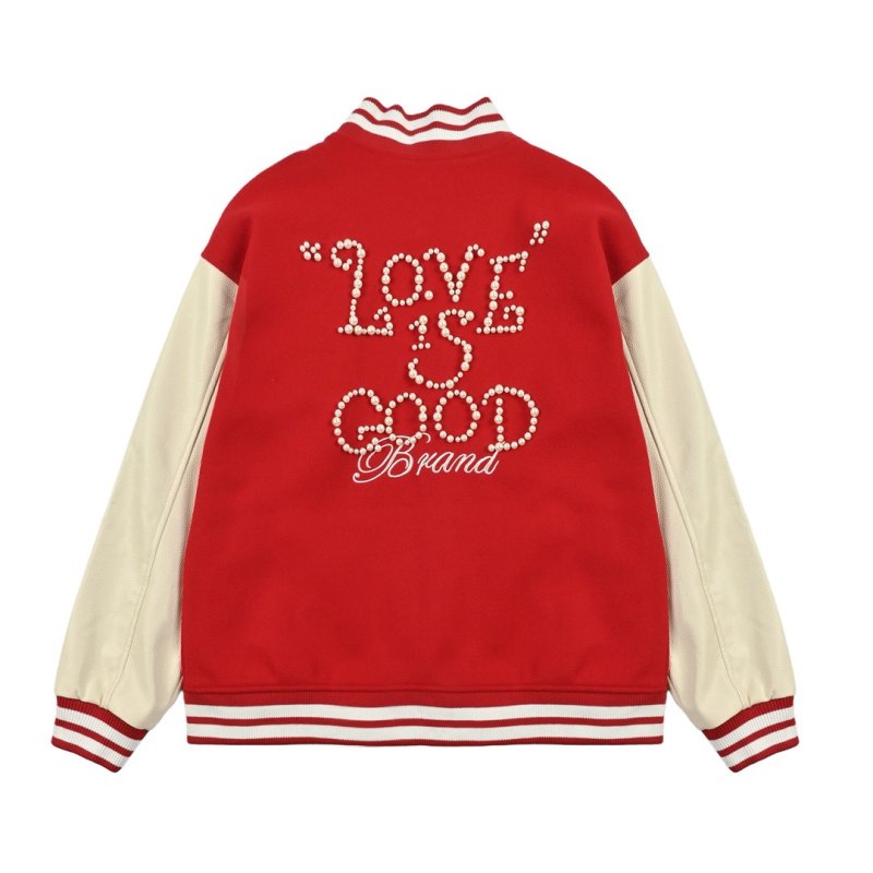 Red & Cream Varsity Bomber Jacket with Rhinestone Logo view