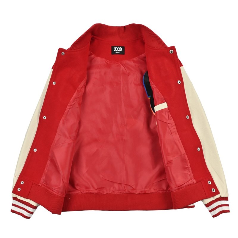 Red & Cream Varsity Bomber Jacket with Rhinestone Logo view