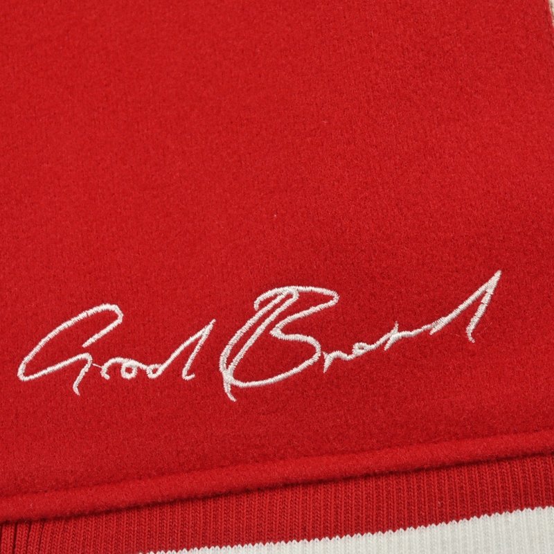 Red & Cream Varsity Bomber Jacket with Rhinestone Logo view