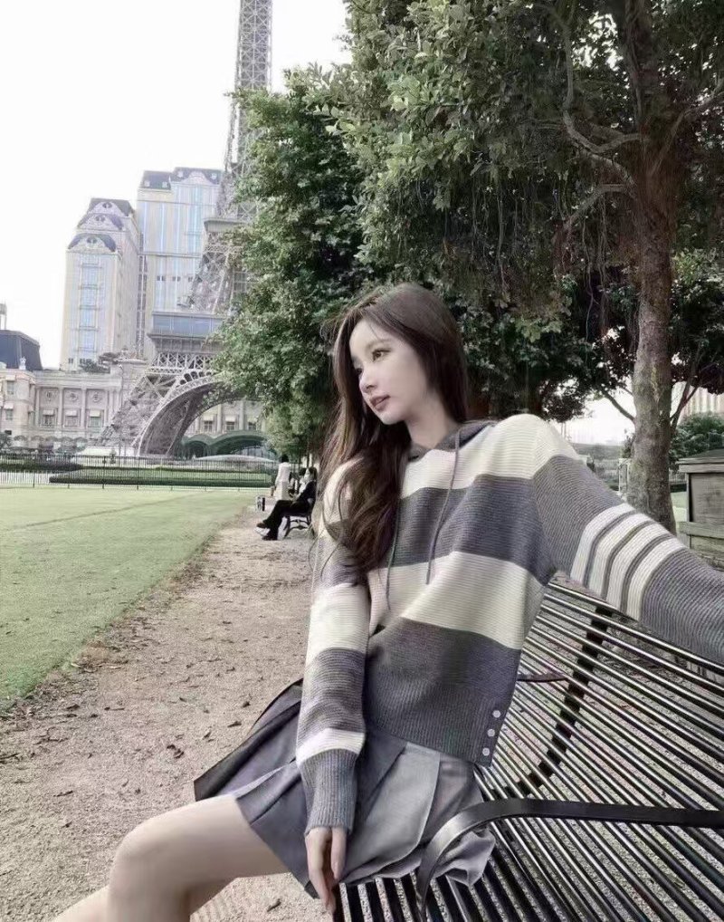 Striped Color-Block Knit Hoodie - Charcoal & Cream view