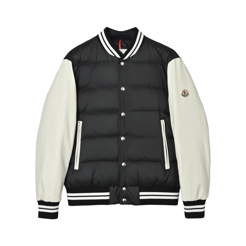 Black Puffer Varsity Jacket with Striped Ribbing view