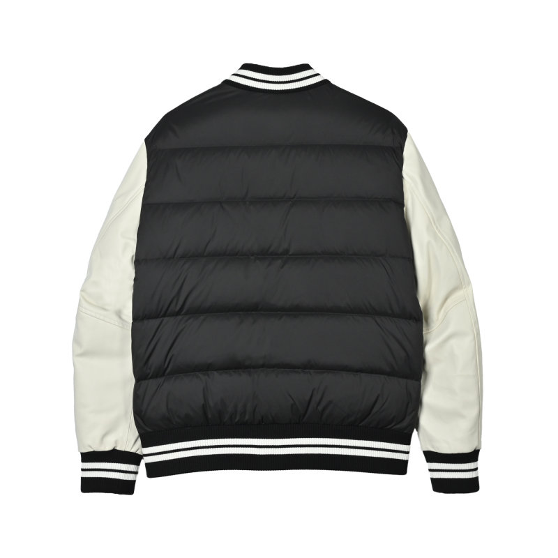 Black Puffer Varsity Jacket with Striped Ribbing view