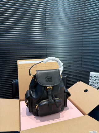 Miu Miu Black Leather Backpack with Flap Pocket