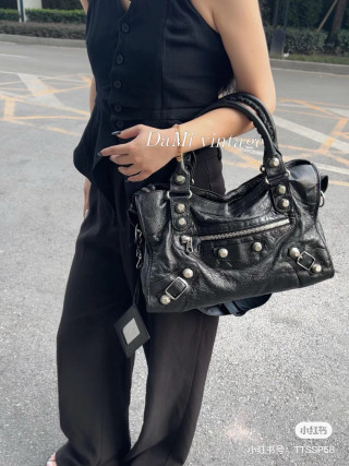 Balenciaga Black Crinkled Leather City Bag view 4
