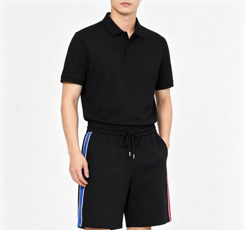 Black Polo Shirt with Striped Shorts Set