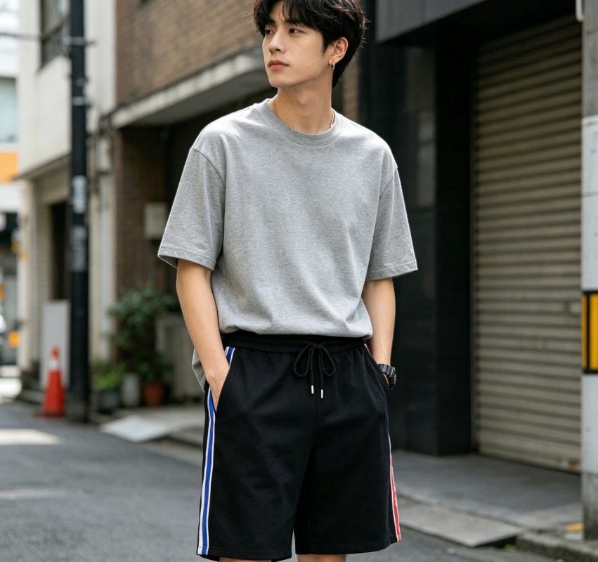 Black Polo Shirt with Striped Shorts Set view