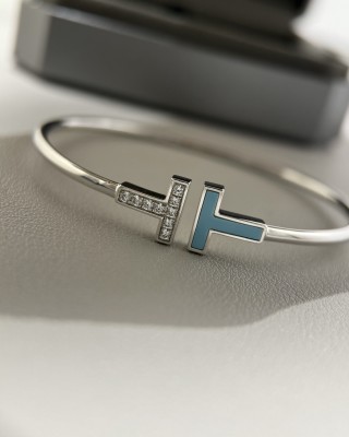 Tiffany T Turquoise Diamond Bangle Bracelet White Gold view 5