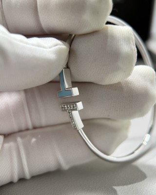 Tiffany T Turquoise Diamond Bangle Bracelet White Gold view 6