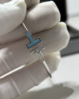 Tiffany T Turquoise Diamond Bangle Bracelet White Gold view 7