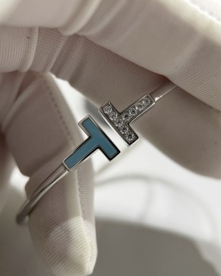 Tiffany T Turquoise Diamond Bangle Bracelet White Gold view 8